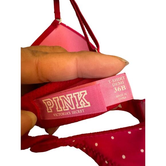 Victoria's Secret Pink T Shirt Demi Bra Size 36B Pink with White Polka Dots - Picture 6 of 8